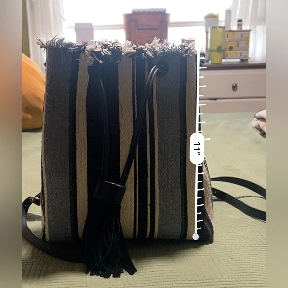 Lucky Brand Alzon Drawstring Clinched Fringed Backpack Blue, Black and Cream